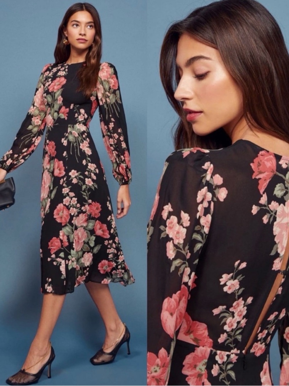 Reformation Black Floral Midi Dress with Pink & Green Blooms
